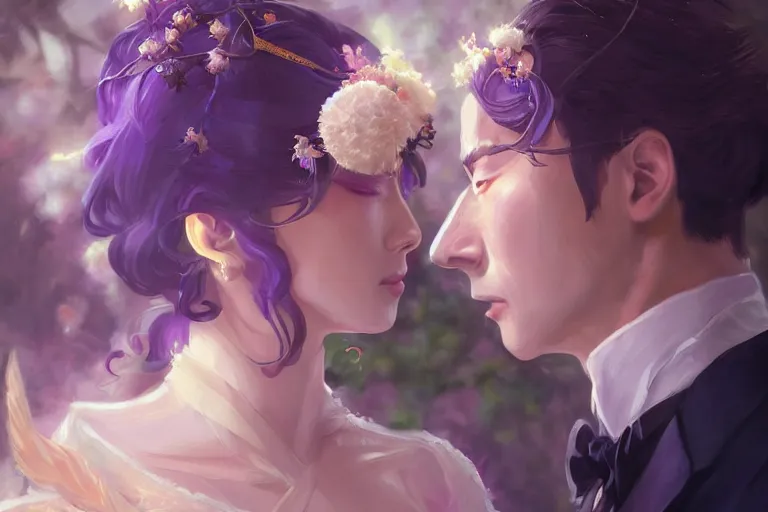 Image similar to a cinematic portrait of wedding photograph jpeg close up moment of a divine a japan sun god and moon goddess lovers magician at a wedding banquet. portraiture. digital painting. artstation. concept art. wedding photo. digital painting. violet evergarden art masterpiece by art by krenz cushart