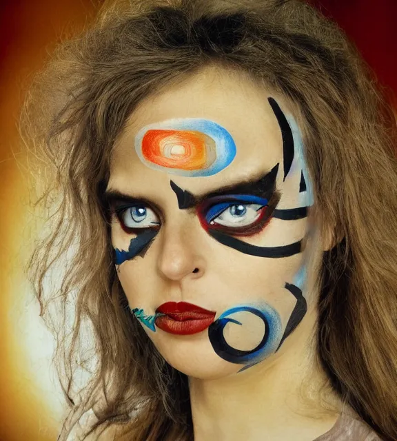 Prompt: A high-quality photorealistic face-centered portrait of a beautiful young woman wearing cubism face paint, by Steve McCurry and Brian Ingram and Annie Leibovitz, trending on flickr, trending on deviantArt