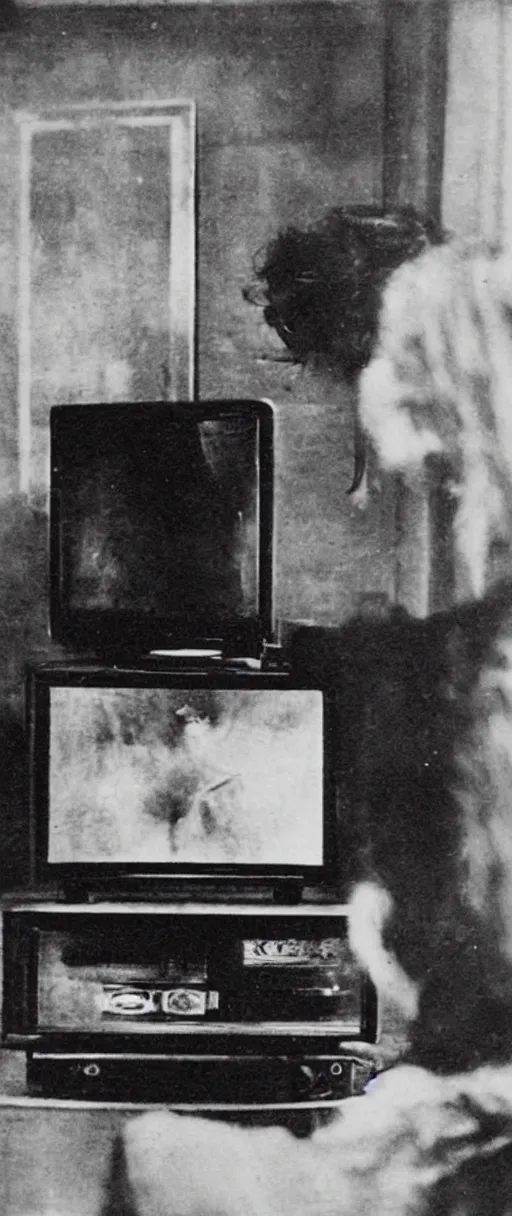 Image similar to 1 9 0 0 s photo of a person watching a flat screen hd tv