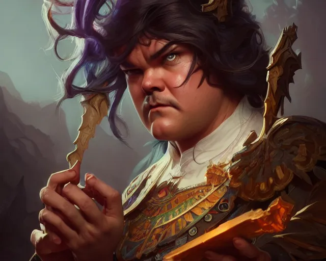 Image similar to photography of jack black, deep focus, d & d, fantasy, intricate, elegant, highly detailed, digital painting, artstation, concept art, matte, sharp focus, illustration, hearthstone, art by artgerm and greg rutkowski and alphonse mucha