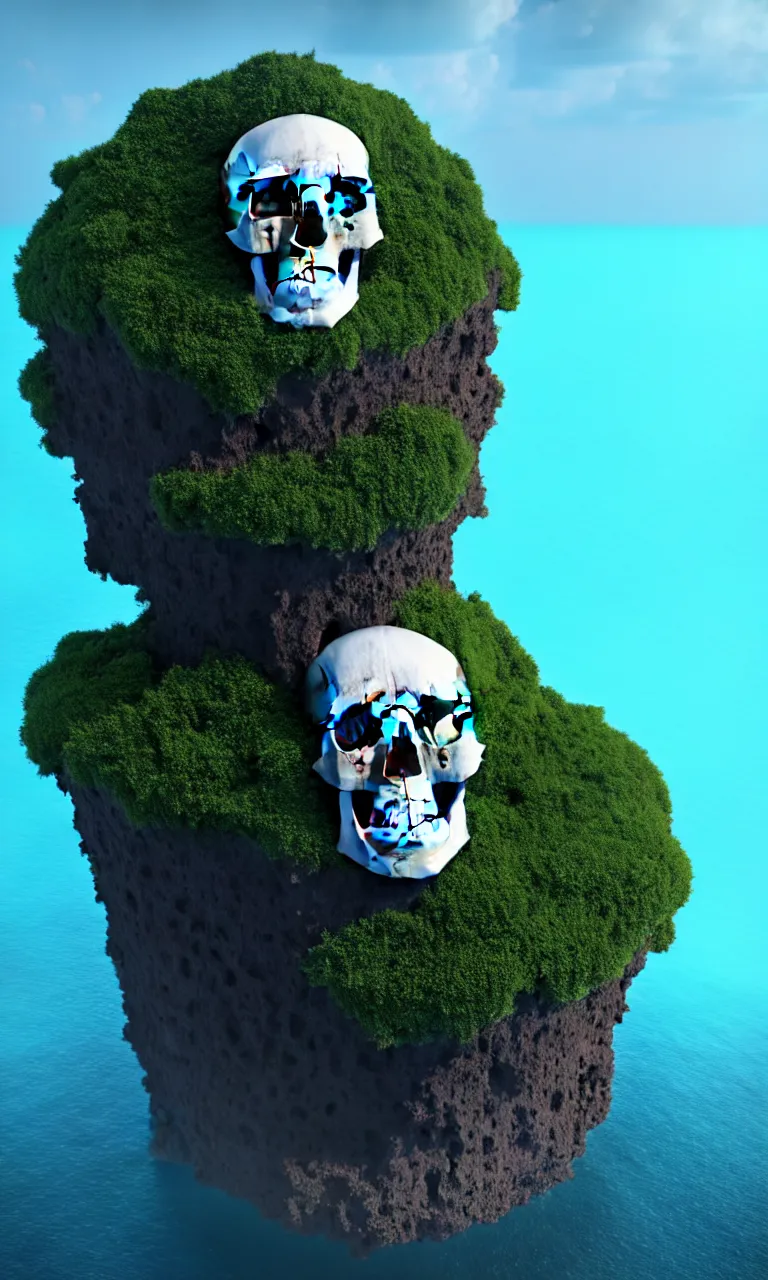 Prompt: an island on top of huge human skull floating on the sea, 9 0 % of the skull is vertically submerged in the water, 8 k, octane render, unreal engine 5, photorealistic