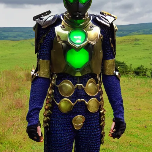 Image similar to High Fantasy Kamen Rider, glowing eyes, 4k, forest plains of north yorkshire, daytime, chainmail rubber undersuit, segmented armor, dark blue armor with green secondary color, tokusatsu