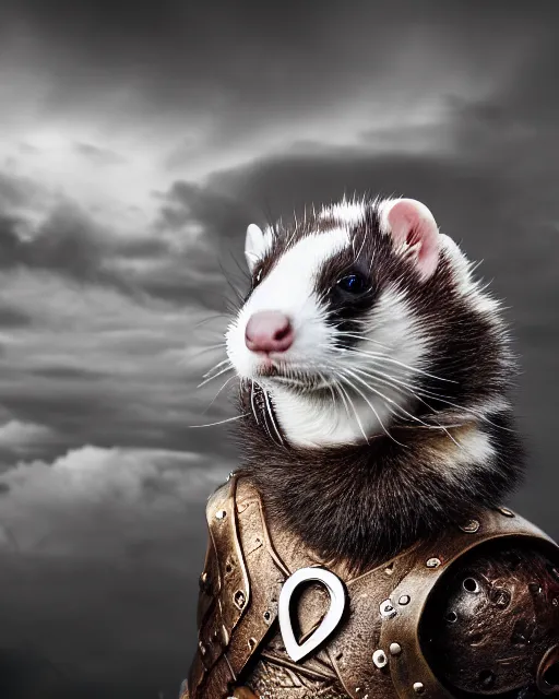 Image similar to ferret love warrior, furry, fantasy, viking, high detailed, hearts, photography, cloudy, lightweight leather armour, scandinavia, plain, detailed face, look into the distance, serious face, full body, in full growth, professional photographer, masterpiece, 5 0 mm, extremely detailed, digital art 8 k