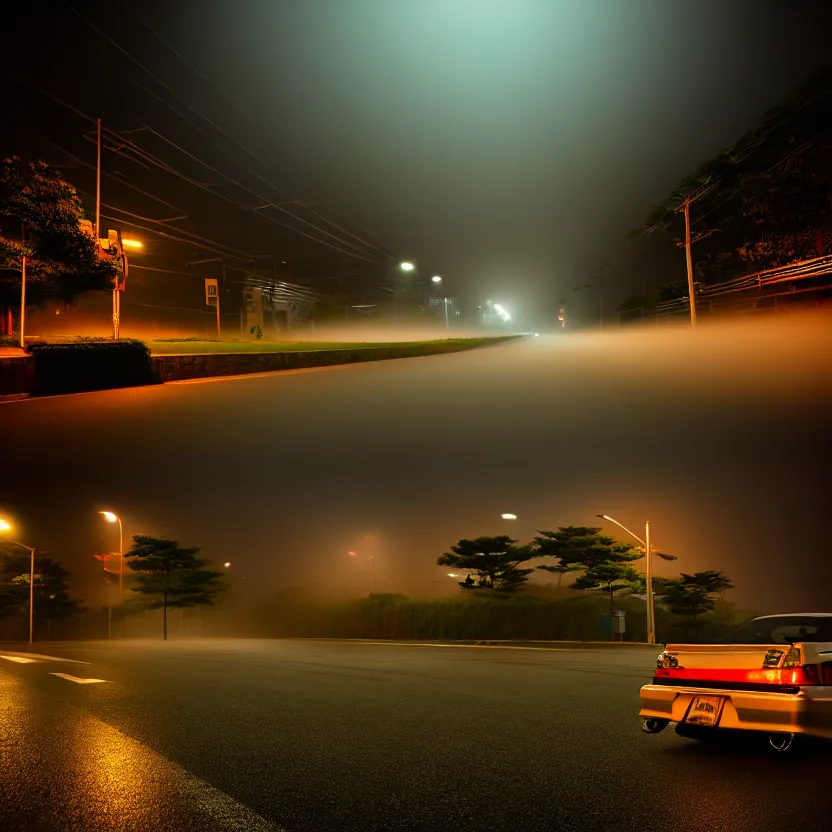 Image similar to one car JZX90 twin turbo drift middle of empty street, misty kanagawa prefecture, night, cinematic color, photorealistic, highly detailed,