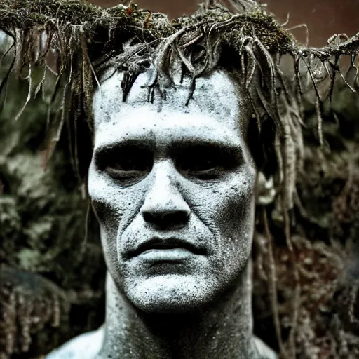 Prompt: Award-winning photograph by Mar Mann. The photo depicts a decaying roman bust of Jim Carrey overgrown with moss at the bottom of the sea in the middle of ruins of civilization. Minimalism, high definition, perfect composition. Deep sea picture. Very dark. Volumetric Lighting. Fish. Darkness. Ruins