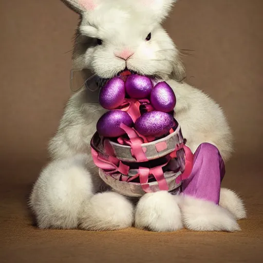 Prompt: easter bunny sitting on a tire, studio photo, high quality