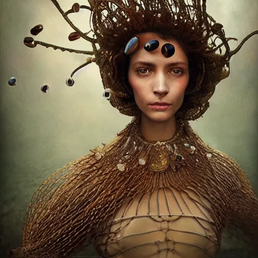 Prompt: brown woman wearing an armor made of jellyfishes. super detailed. layered. textured. award winning. refracted lighting. soft. fragile. by ray caesar. by louise dahl - wolfe. by andrea kowch. by tom bagshaw. surreal photography