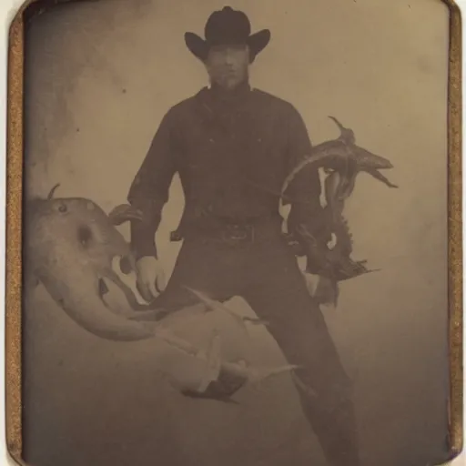 Image similar to underwater tintype photo of a cowboy riding a giant squid