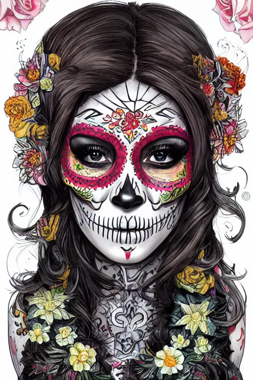 Prompt: illustration of a sugar skull day of the dead girl, art by kenneth rocafort