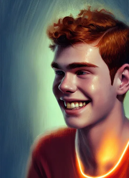 Image similar to portrait of teenage archie andrews, freckles, curly middle part haircut, curly hair, smiling kindly, intricate, elegant, glowing lights, highly detailed, digital painting, artstation, concept art, smooth, sharp focus, illustration, art by wlop, mars ravelo and greg rutkowski