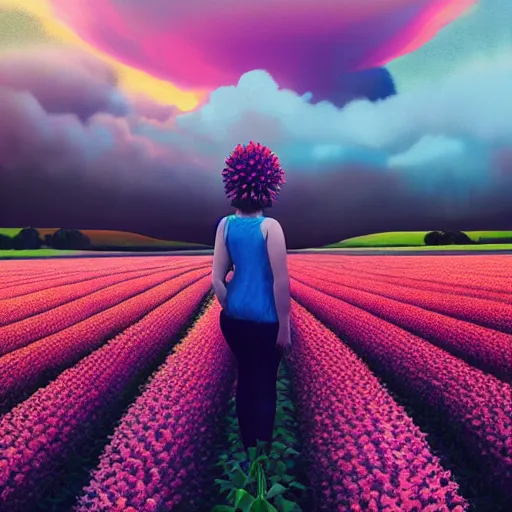 Image similar to giant dahlia flower head, full body girl standing in a flower field, surreal photography, sunrise, dramatic light, impressionist painting, colorful clouds, digital painting, artstation, simon stalenhag