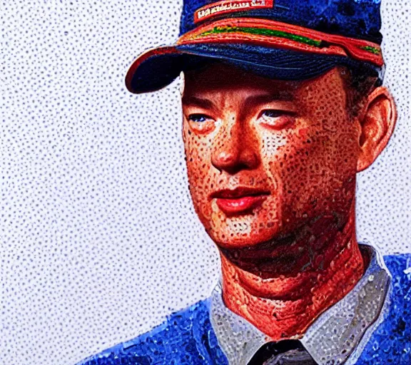 Prompt: Tom hanks as forrest gump wearing a necklace made out of shrimps, realistic face, digital art, in the style of Raphael Lacoste, amazing detail, artstation