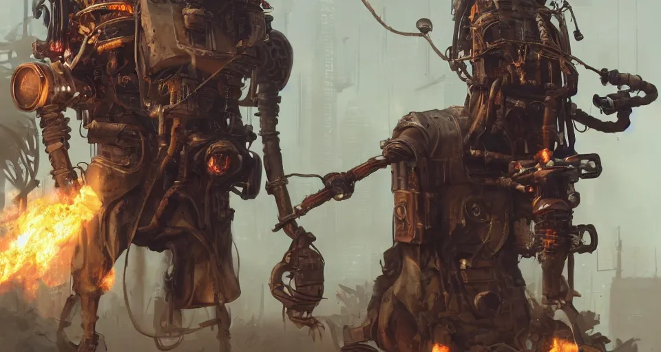 Prompt: a highly detailed epic cinematic concept art CG render digital painting artwork scene: retrofuturistic 1920s cyberpunk steampunk man brutally fused with a smoking combustion engine backpack. By Greg Rutkowski, Ilya Kuvshinov, WLOP, Stanley Artgerm Lau, Ruan Jia and Fenghua Zhong, trending on ArtStation, made in Maya, Blender and Photoshop, octane render, excellent composition, cinematic dystopian brutalist atmosphere, dynamic dramatic cinematic lighting, aesthetic, very inspirational, arthouse