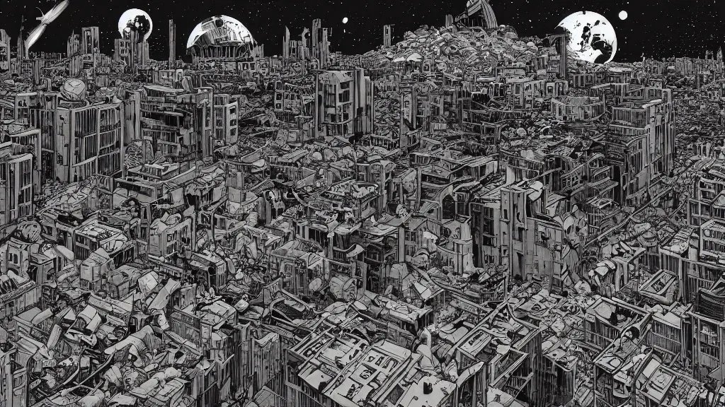 Prompt: very detailed, prophet graphic novel, ilya kuvshinov, mcbess, rutkowski, simon roy, illustration of decrepit abandonned arcologies in dystopian megalopolis ruins with space debris floating in the sky on a dead planet earth, wide shot, colorful, deep shadows, astrophotography