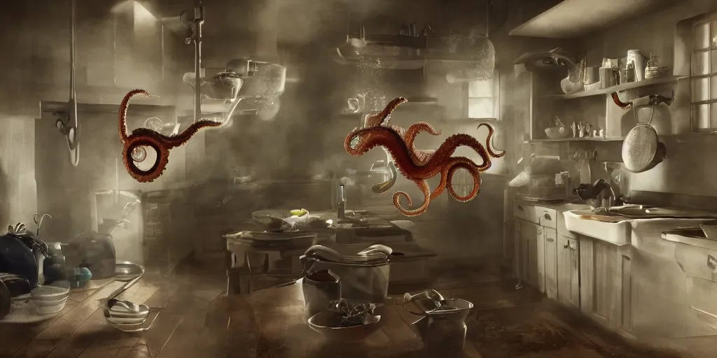 Image similar to an octopus doing the dishes in the kitchen, very detailed and sharp photorealistic, cinematic lighting
