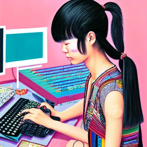 Image similar to full view of indigenous taiwanese girl studying at her computer, in the year 2 0 4 0, style of yoshii chie and hikari shimoda and martine johanna, highly detailed