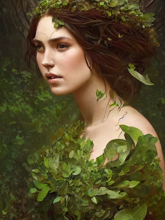Prompt: portrait of a forest mage, female, delicated facial features, dress made of green leaves, gorgeous, green hair, brown skin, curves, forest background, highly detailed, chiaroscuro, digital painting, artgerm and greg rutkowski and alphonse mucha