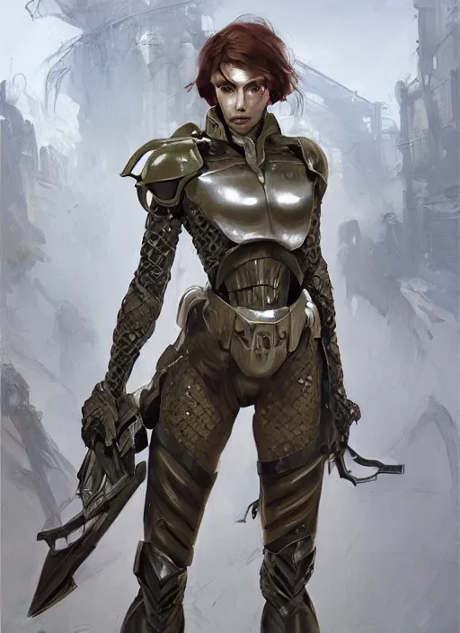 Image similar to a professional painting of a beautiful young female, clothed in military armor, olive skin, long dark hair, beautiful bone structure, symmetrical facial features, intricate, elegant, digital painting, concept art, smooth, sharp focus, illustration, from Metal Gear, by Ruan Jia and Mandy Jurgens and Artgerm and William-Adolphe Bouguerea