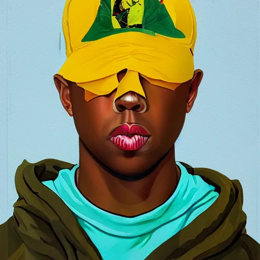 Prompt: Tyler the creator as robin Painting by Sachin Teng, asymmetrical, Organic Painting , Matte Painting, geometric shapes, hard edges, graffiti, street art,:2 by Sachin Teng:4