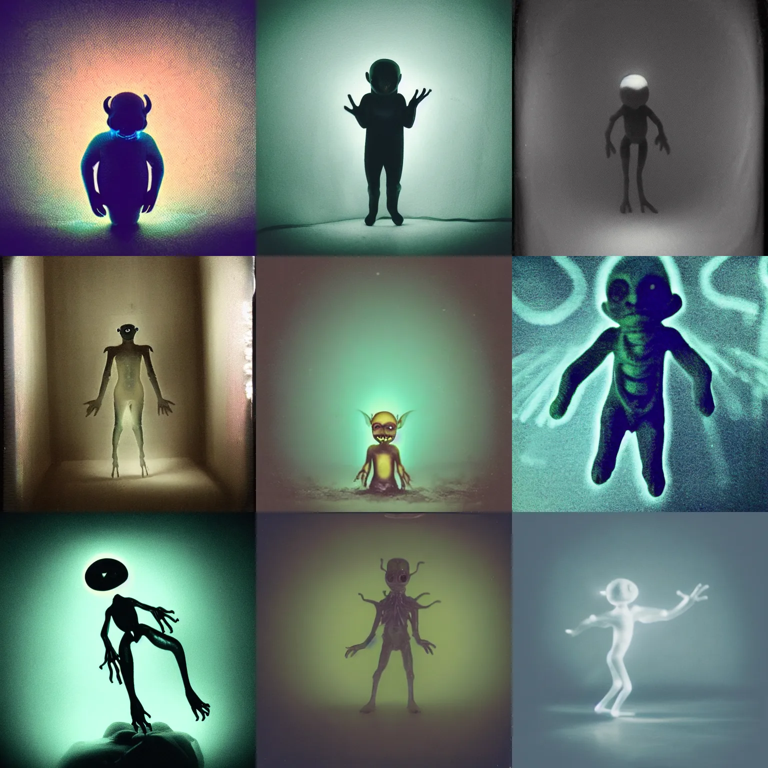 Prompt: cute glowing tiny guy creature, weird silly alien boy with big beady black eyes, prancing around in an empty room. spiritual eerie creepy picture, wiggly ethereal imp sprite, liminal space, studio lighting, polaroid, grainy photograph