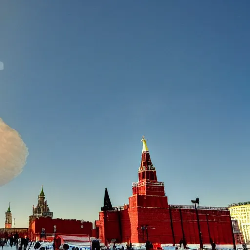 Image similar to high quality photo of Red Square in Moscow and nuclear explosion on background, highly detailed, 8k, professional