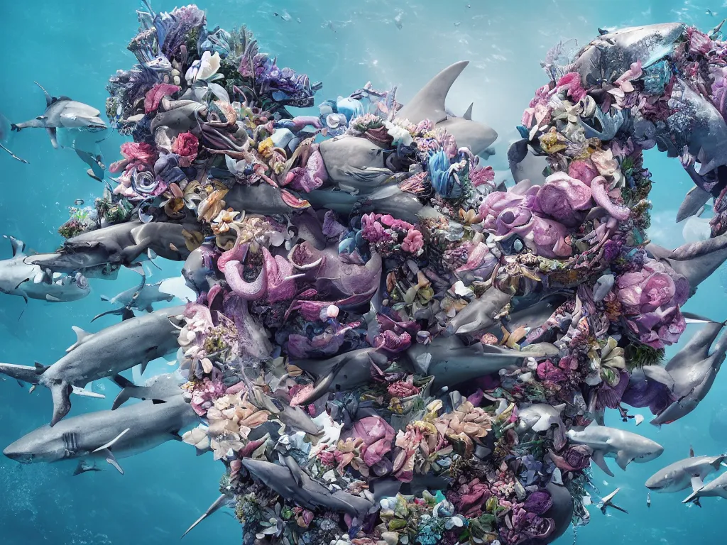 Prompt: a sculpture of ocean shark intertwined, a lovely cornucopia of flowers and human body parts, highly detailed, octane render, cinematic, shock