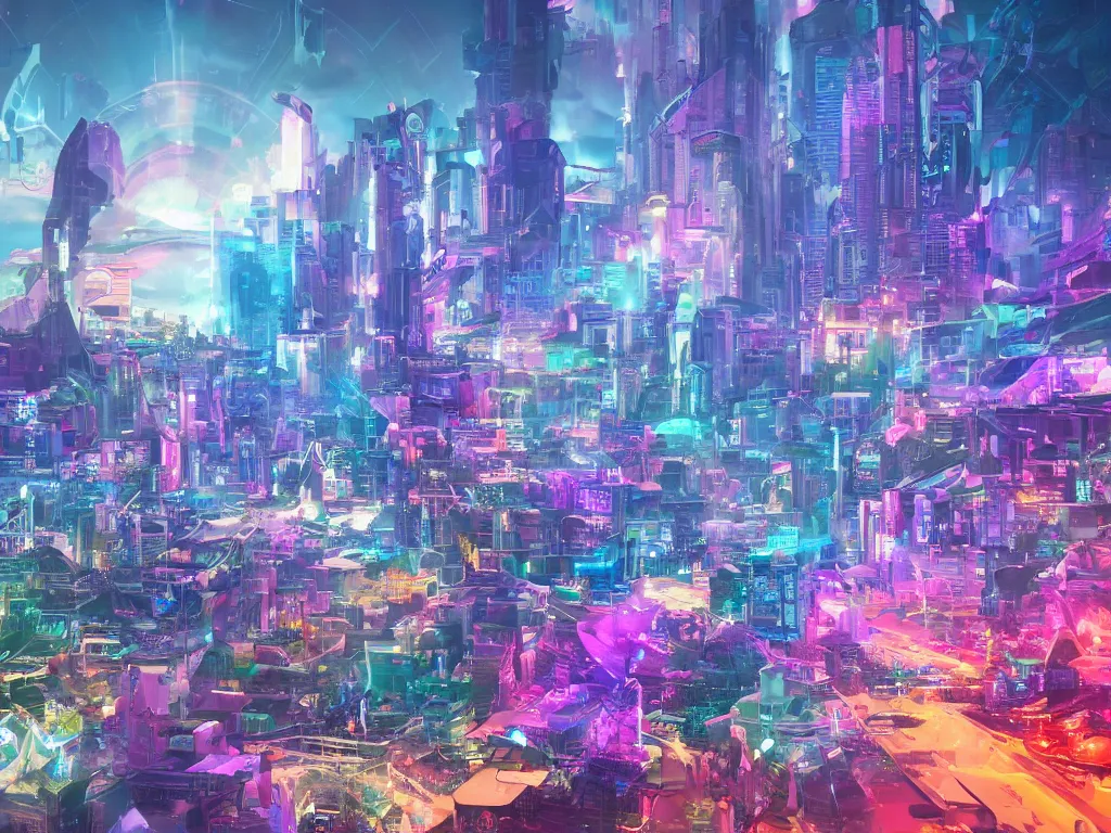 Image similar to mystical colorful cyberpunk city with a clear blue lake in a clearing where an abstract nebula crystal sculpture is floating above it, powerful, 4k, photograph, vaporwave