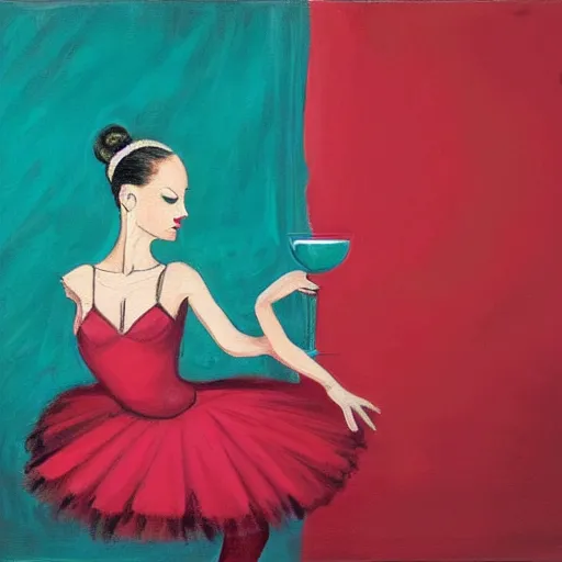 Image similar to painting of a ballerina holding wine in a teal room over a red background