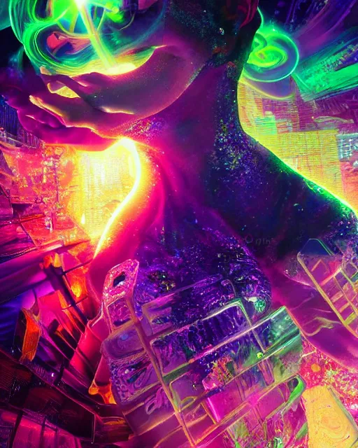 Image similar to a powerful energy psychedelic matrix queen, by alexander fedosav, hyper detailed digital matte painting, concept art, hyperrealism, 1 6 k resolution, cinema 4 d, 8 k resolution, trending on artstation, behance hd, a masterpiece, by stephan martiniere, particles, cel - shaded, power bright neon energy, by david a. hardy,