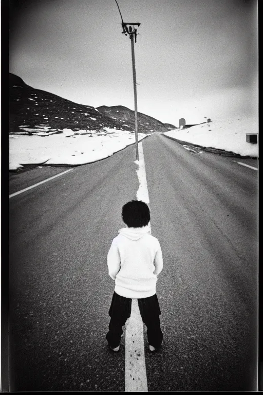 Image similar to photo polaroid of a sad and lonely child on a street in Greenland , melting ice, loneliness, black and white ,photorealistic, 35mm film,