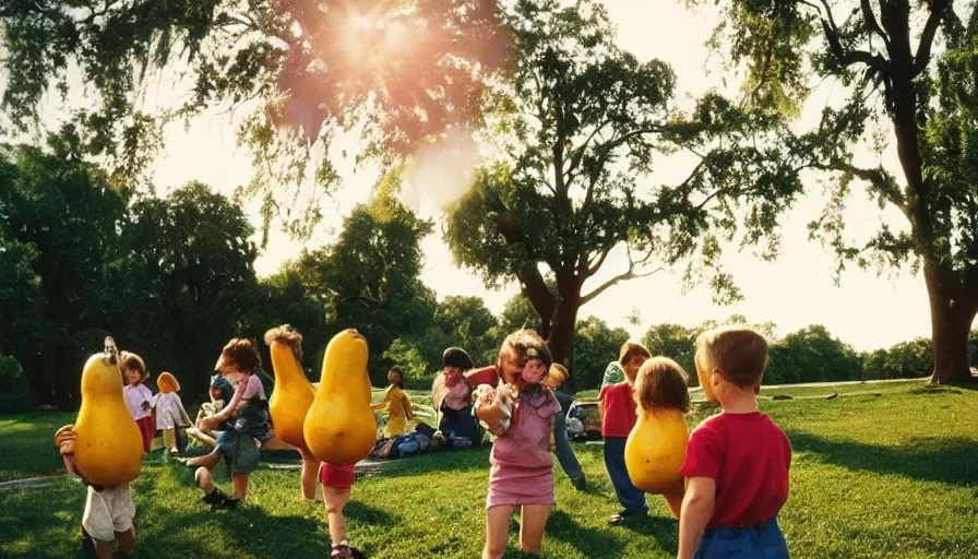 Image similar to 1990s candid photo of a beautiful day at the park, families playing, cinematic lighting, cinematic look, golden hour, large personified fruit people in the background, Enormous fruit people with friendly faces, kids talking to fruit people, UHD