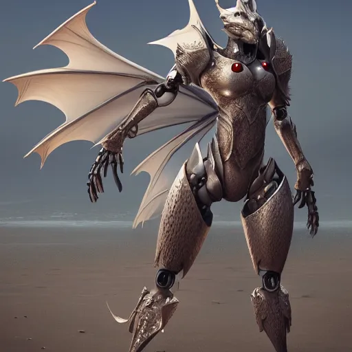 Image similar to a highly detailed beautiful anthropomorphic robot female dragon with smooth and streamlined armor, standing and posing elegantly, showing her head, with sharp claws on her hands and feet, long tail, on the beach, artstation, DeviantArt, professional, octane render