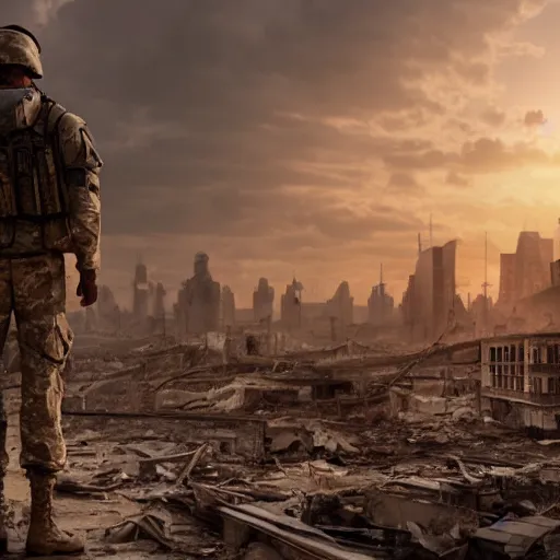 Image similar to a soldier standing in the middle of a post-apocalyptic ruined city with tall destroyed buildings, long shot from back, hyper realistic 4k high quality