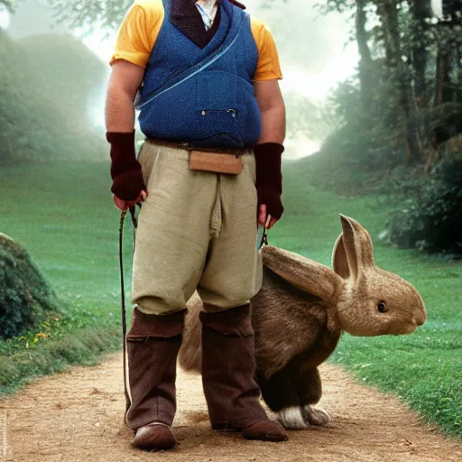 Image similar to clean shaven pudgy British lad with short curly dark brown hair as a hobbit wearing a white men's crossbody sling chest bag and blue vest standing next to a giant rabbit, blue vest! white crossbody chestbag! high resolution film still, movie by Peter Jackson