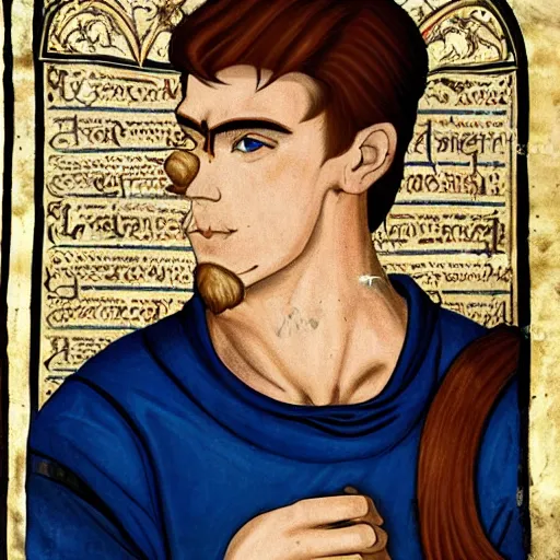 Image similar to clean shaven 1 9 year old young man with auburn hair and lots of freckles, regal hero of byzantium, illuminated manuscript, 2 d, good, moody lighting, medieval parchment, elegant, ornate