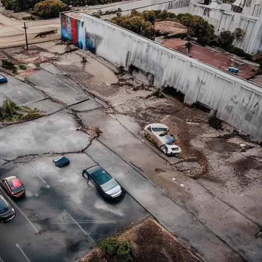 Image similar to aerial photography, a number of car, dust, humus, wet street, graffiti on wall, trash scattered everywhere, abandoned car garage, 8 k, uhd, after rain, cinematic lighting, incrinate