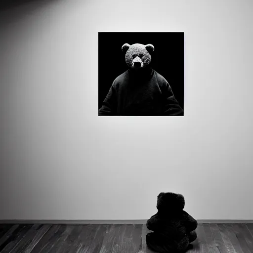 Image similar to a ( ( ( ( ( ( ( ( ( chiaroscuro lighting portrait ) ) ) ) ) ) ) ) ) ) of kanye west dressed as teddy bear mascot, black background, portrait by julia margaret cameron, shallow depth of field, 8 0 mm, f 1. 8