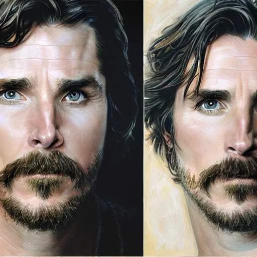 Image similar to Front and side portrait of Christian Bale by Donato Giancola