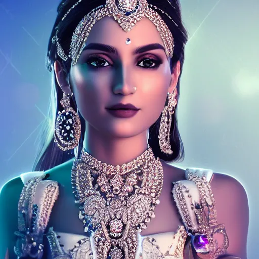 Image similar to portrait of wonderful hindi princess of white diamonds with fair skin, white flowers, ornate with white diamonds, 8 k, gorgeous, intricate, detailed, glowing white accent lighting, dramatic lighting, octane render