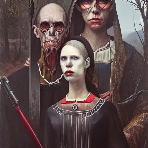 Image similar to American Gothic dark epic fantasy, trending on artstation, by Artgerm, H.R. Giger and Zdizslaw Beksinski, highly detailed