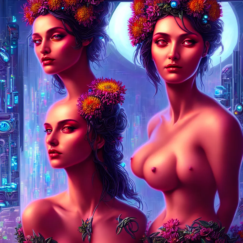 Image similar to a beautiful closeup 4K portrait painting of a flower goddess in a sensual pose, in the style dan mumford artwork, in the background a futuristic cyberpunk city is seen.