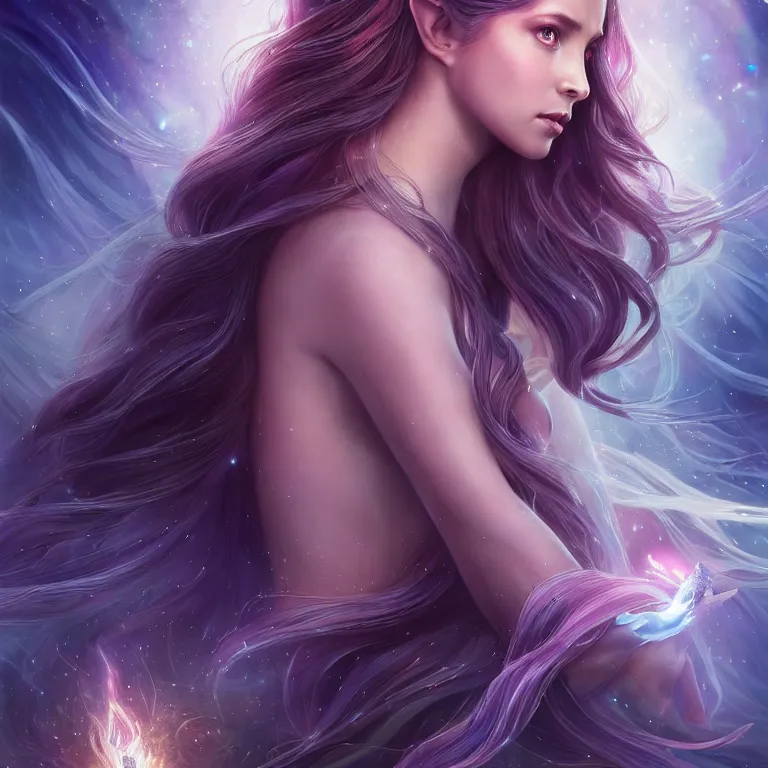 Image similar to beautiful cinematic fantasy poster, a long shot of a beautiful princess like a disney princess hybrid with flowing illuminated hair, beautiful glowing galaxy eyes, full subject in frame, wideshot ultrawide angle epic scale, hybrid from The Elden Ring and art direction by Darius Zawadzki ;by artgerm; wayne reynolds art station; cinematic quality character render; low angle; ultra high quality model; production quality cinema model;