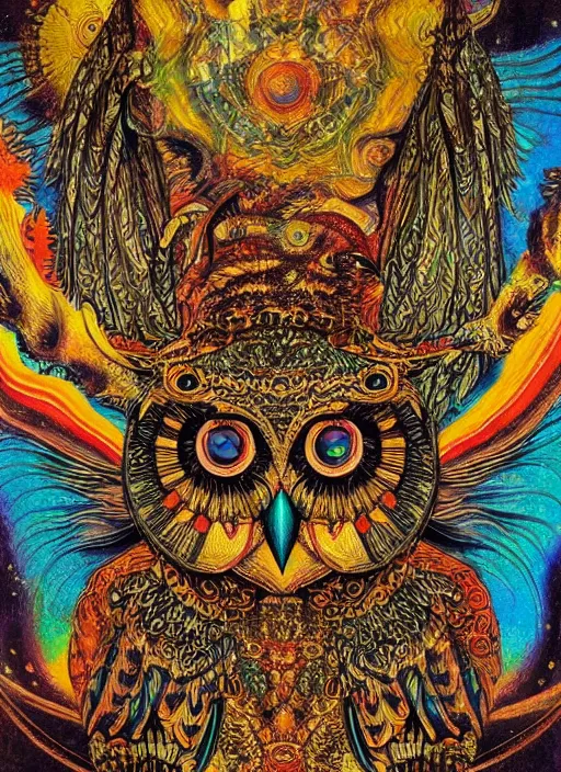 Prompt: detailed psychedelic painting of a owl god, Da Vinci Style