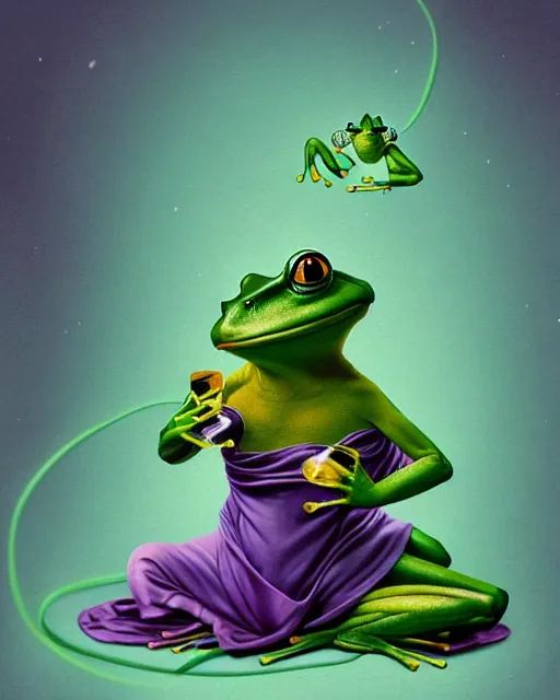 Image similar to anthropomorphic art of an elegant green frog, with wine, in a lilac dressing gown by artgerm, victo ngai, ryohei hase, artstation, highly detailed digital painting, smooth, global illumination, fantasy art by greg rutkowsky, karl spitzweg, leyendecker