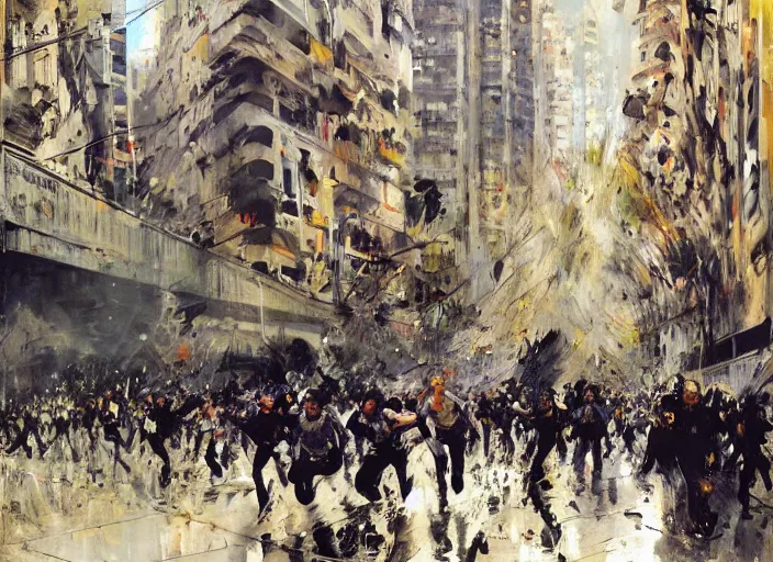 Prompt: people running at full speed protesting in dystopian santiago de chile by john berkey and manet