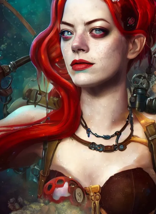 Image similar to underwater steampunk portrait of emma stone as harley quinn, hyper detailed, digital art, trending in artstation, cinematic lighting, studio quality, smooth render, unreal engine 5 rendered, octane rendered, art style by klimt and nixeu and ian sprigger and wlop and krenz cushart.