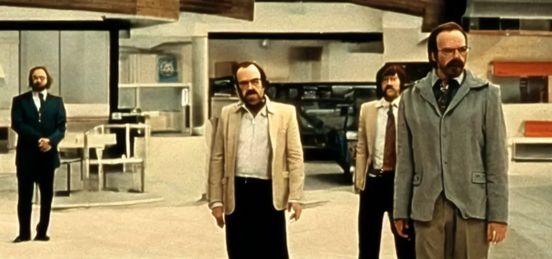 Image similar to screenshot from 7 0 s film, scene of saul goodman talking to walter white, iconic scene, directed by stanely kubrick, moody cinematography, with anamorphic lenses, crisp, detailed, 4 k