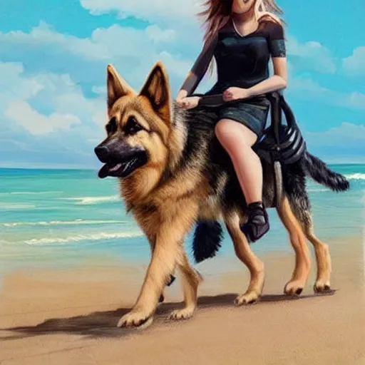 Image similar to girl riding a giant German shepherd at the beach, trending on artstation