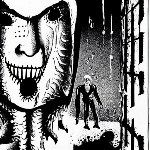 Image similar to drilling neighbor, grid of drilled holes in a room, black and white horror in style of junji ito