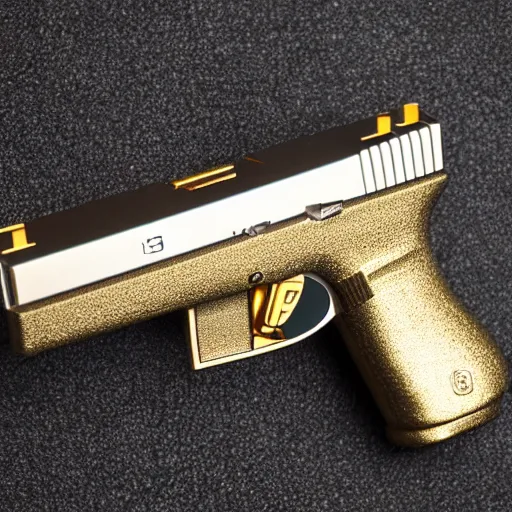 Prompt: an sls 3 d printed golden and silver glock 1 9. 8 0 mm lens, f 1. 8.